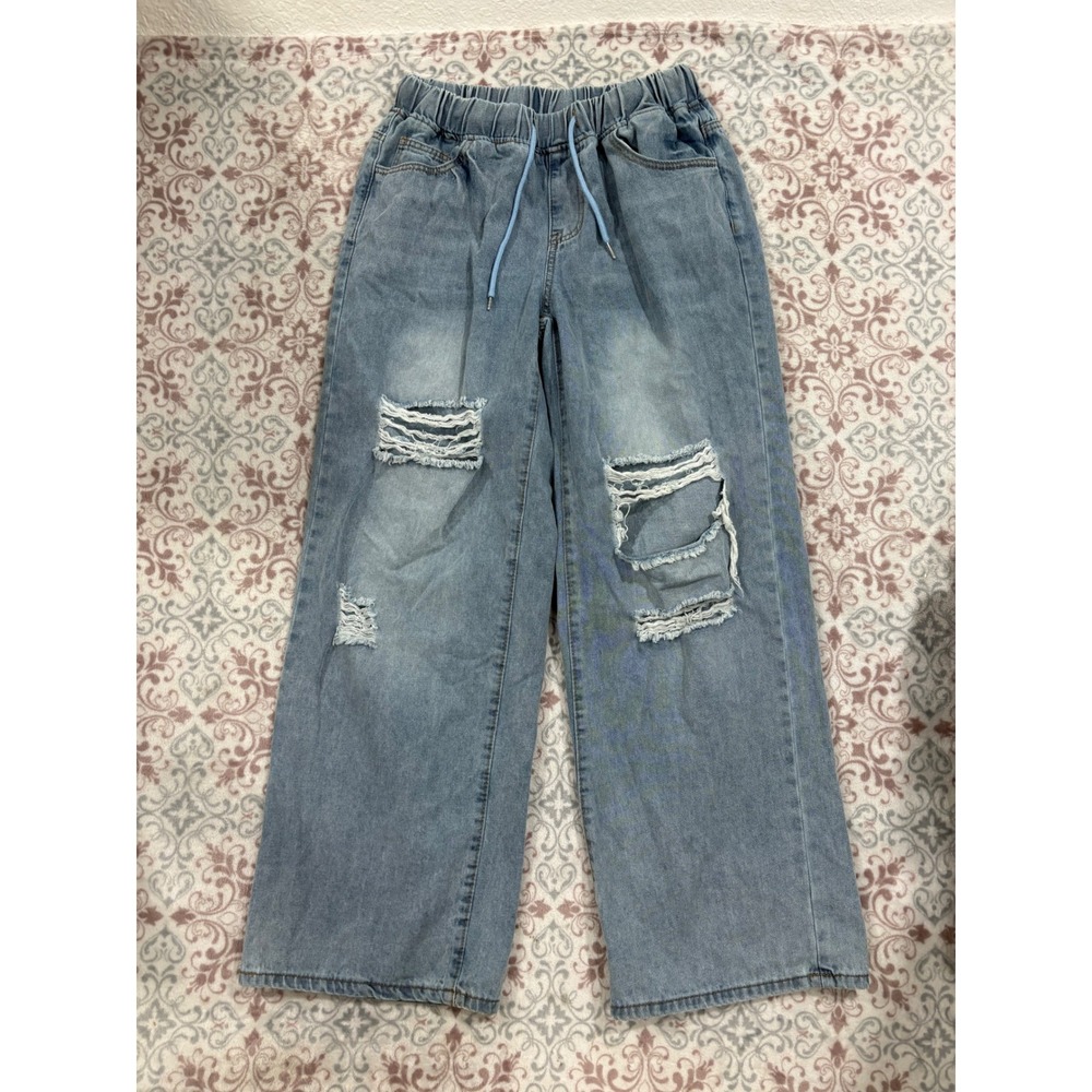 SHEIN Light Wash Distressed Wide Leg Jeans Elastic Waist Drawstring Size 6 M
